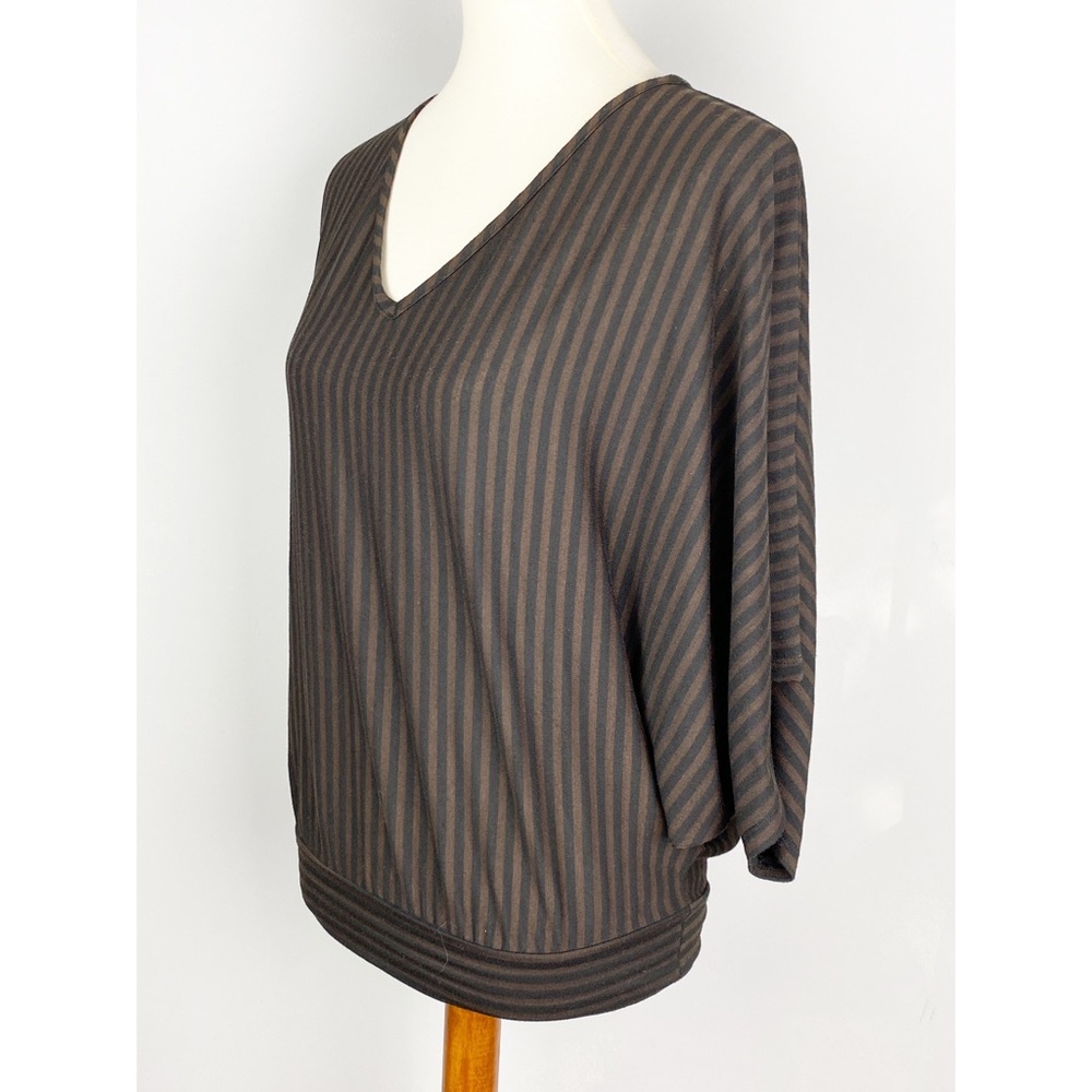 Cielo Black & Brown Vertical Striped Dolman Sleeve V-Neck Top Small